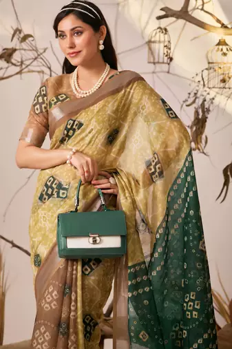 Mustard yellow linen cotton patola ikat digital print saree with contrast border & matching blouse