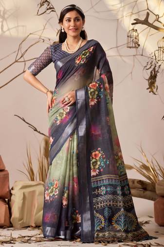 Deep navy linen cotton digital floral printed saree with patola style border & matching contrast blouse