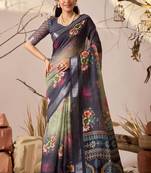 Deep navy linen cotton digital floral printed saree with patola style border & matching contrast blouse