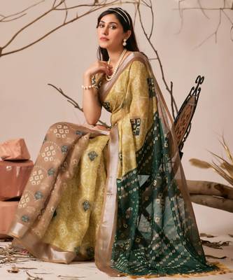 Mustard yellow linen cotton patola ikat digital print saree with contrast border & matching blouse 3