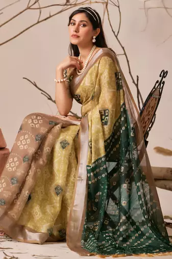 Mustard yellow linen cotton patola ikat digital print saree with contrast border & matching blouse
