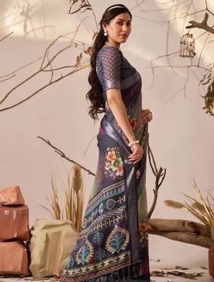 Deep navy linen cotton digital floral printed saree with patola style border & matching contrast blouse 2