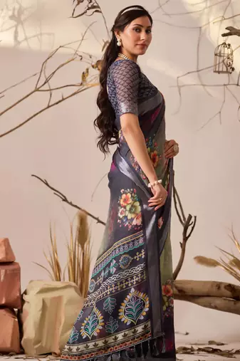 Deep navy linen cotton digital floral printed saree with patola style border & matching contrast blouse