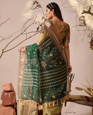 Mustard yellow linen cotton patola ikat digital print saree with contrast border & matching blouse 4