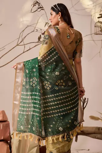 Mustard yellow linen cotton patola ikat digital print saree with contrast border & matching blouse