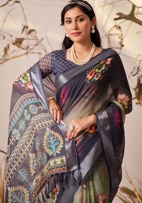 Deep navy linen cotton digital floral printed saree with patola style border & matching contrast blouse 3