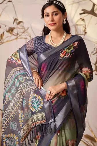 Deep navy linen cotton digital floral printed saree with patola style border & matching contrast blouse