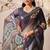 Deep navy linen cotton digital floral printed saree with patola style border & matching contrast blouse