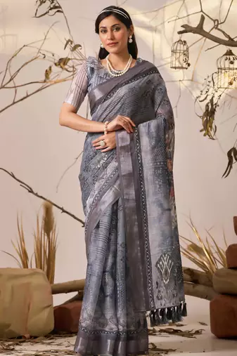 Grey linen cotton digital floral printed saree with patola border | contemporary printed linen saree with blouse