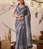 Grey linen cotton digital floral printed saree with patola border | contemporary printed linen saree with blouse