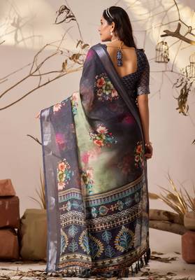 Deep navy linen cotton digital floral printed saree with patola style border & matching contrast blouse 4