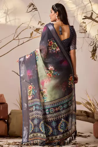 Deep navy linen cotton digital floral printed saree with patola style border & matching contrast blouse
