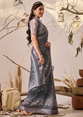 Grey linen cotton digital floral printed saree with patola border | contemporary printed linen saree with blouse 2