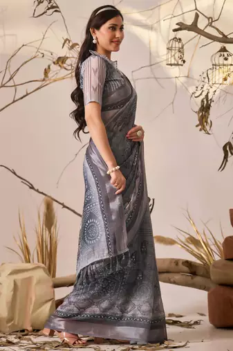 Grey linen cotton digital floral printed saree with patola border | contemporary printed linen saree with blouse
