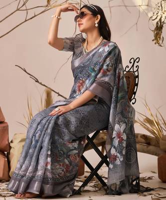 Grey linen cotton digital floral printed saree with patola border | contemporary printed linen saree with blouse 3