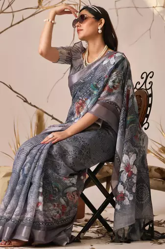 Grey linen cotton digital floral printed saree with patola border | contemporary printed linen saree with blouse