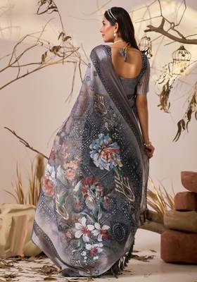 Grey linen cotton digital floral printed saree with patola border | contemporary printed linen saree with blouse 4