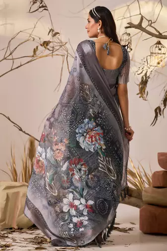 Grey linen cotton digital floral printed saree with patola border | contemporary printed linen saree with blouse