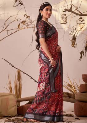 Red digital print linen cotton saree with patola border & floral ethnic design – printed saree with blouse 2