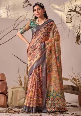 Orange linen cotton kalamkari digital print saree with contrast patola border & matching blouse 1
