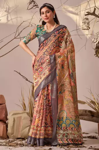 Orange linen cotton kalamkari digital print saree with contrast patola border & matching blouse