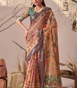 Orange linen cotton kalamkari digital print saree with contrast patola border & matching blouse