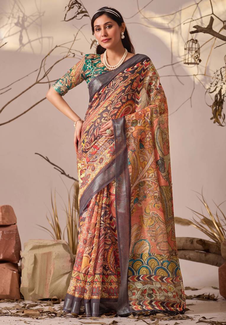 Orange linen cotton kalamkari digital print saree with contrast patola border & matching blouse
