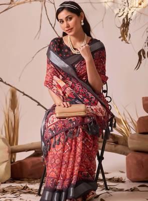 Red digital print linen cotton saree with patola border & floral ethnic design – printed saree with blouse 3