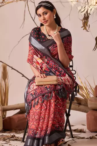 Red digital print linen cotton saree with patola border & floral ethnic design – printed saree with blouse