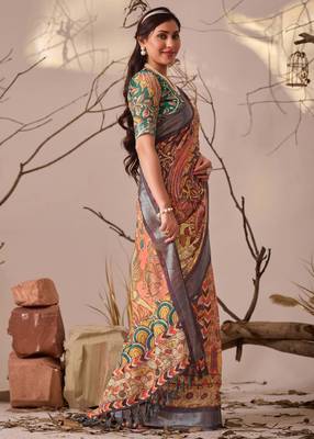 Orange linen cotton kalamkari digital print saree with contrast patola border & matching blouse 2
