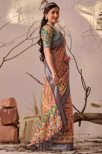 Orange linen cotton kalamkari digital print saree with contrast patola border & matching blouse