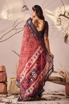 Red digital print linen cotton saree with patola border & floral ethnic design – printed saree with blouse 4