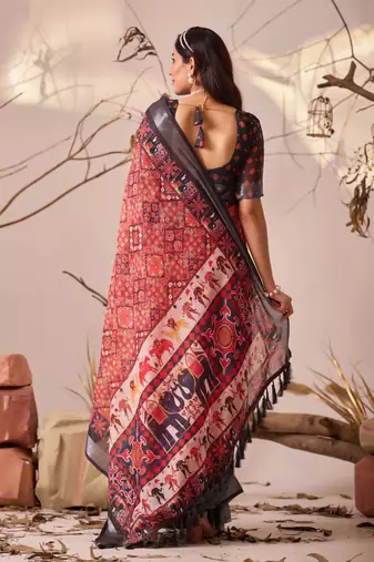 Red digital print linen cotton saree with patola border & floral ethnic design – printed saree with blouse