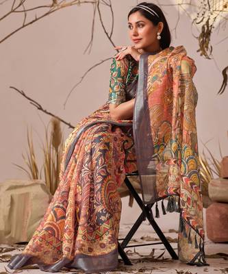 Orange linen cotton kalamkari digital print saree with contrast patola border & matching blouse 3