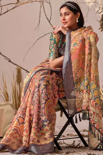 Orange linen cotton kalamkari digital print saree with contrast patola border & matching blouse