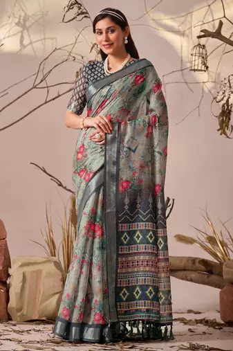 Light grey linen cotton saree with digital floral print & patola style border | printed saree with blouse
