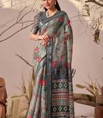 Light grey linen cotton saree with digital floral print & patola style border | printed saree with blouse