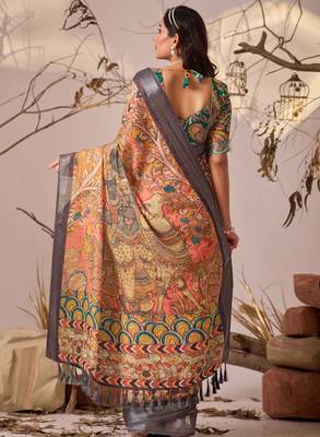 Orange linen cotton kalamkari digital print saree with contrast patola border & matching blouse 4