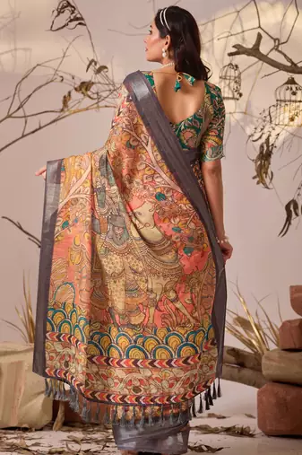 Orange linen cotton kalamkari digital print saree with contrast patola border & matching blouse