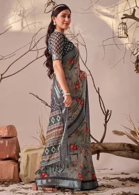 Light grey linen cotton saree with digital floral print & patola style border | printed saree with blouse 2