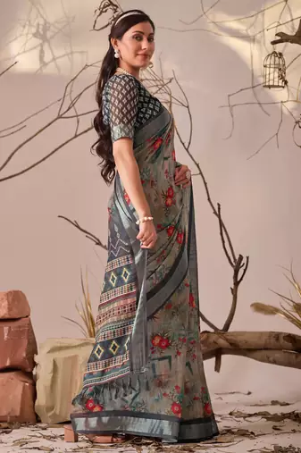 Light grey linen cotton saree with digital floral print & patola style border | printed saree with blouse