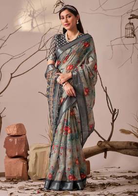 Light grey linen cotton saree with digital floral print & patola style border | printed saree with blouse 3