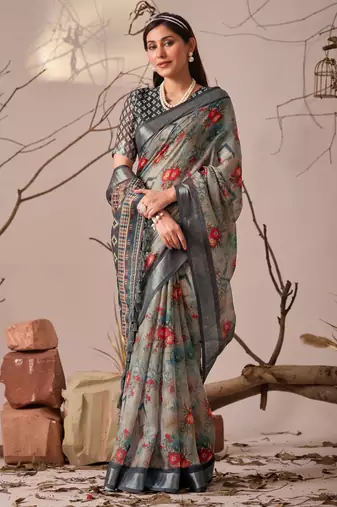 Light grey linen cotton saree with digital floral print & patola style border | printed saree with blouse