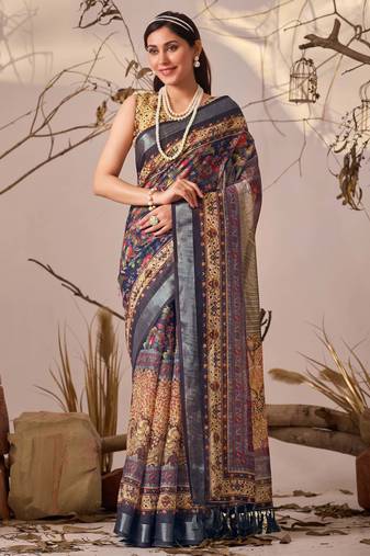 Navy blue printed linen cotton designer saree with patola style border – printed saree with matching blouse
