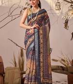 Navy blue printed linen cotton designer saree with patola style border – printed saree with matching blouse