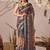 Navy blue printed linen cotton designer saree with patola style border – printed saree with matching blouse