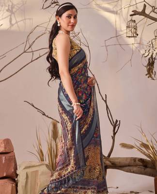 Navy blue printed linen cotton designer saree with patola style border – printed saree with matching blouse 2