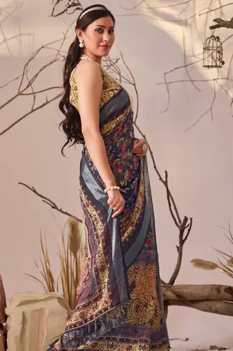 Navy blue printed linen cotton designer saree with patola style border – printed saree with matching blouse