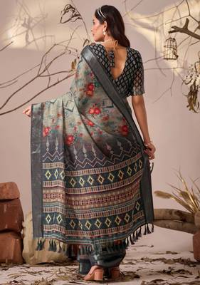 Light grey linen cotton saree with digital floral print & patola style border | printed saree with blouse 4