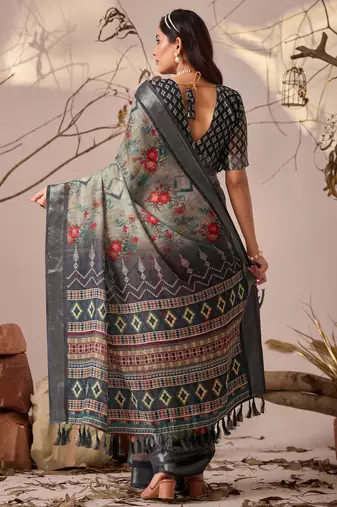 Light grey linen cotton saree with digital floral print & patola style border | printed saree with blouse